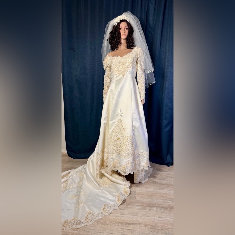 Ivory Off-Shoulder Wedding Dress with Gold Embroidery + Veil & Bouquet - Picture 3 of 16